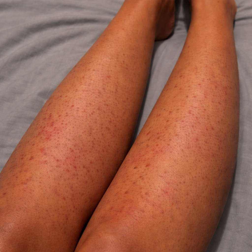 Two pairs of legs with and without shaving on a gray background